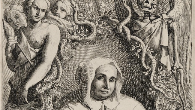 Zeichnung von einer Frau mit weißer Kapuze und Mantel, rundherum Schlangen, ein Drache und mystische Menschenfiguren sowie ein Skelett mit Flügeln und Sense.   © Wikimedia