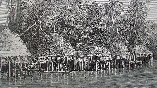 Hütten mit strohgedeckten Kuppeldächern auf Holzpfählen stehen im Wasser vor einem Wald mit Palmen.  © Wikimedia. 