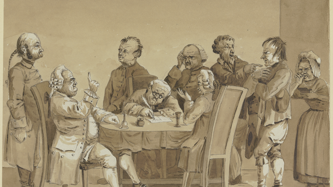 Gerichtsszene: Zwei Richter und ein Schreiber an einem Tisch, umgeben von sechs stehenden Personen, den Streitenden und einem Gerichtsdiener © Wikimedia