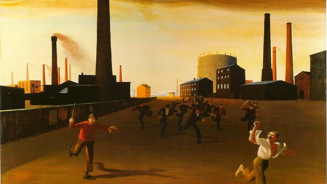 Gemälde, auf dem ein Arbeiter in einem Industrieviertel vor einem wütenden Mob davonläuft. © Wikimedia / Herbert von Reyl-Hanisch 