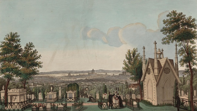 Zeichnung von einem Friedhof mit Einzelgr&auml;bern und Blick auf eine Stadt an einem Fluss. Rechts eine Kapelle mit vier T&uuml;rmen, daneben B&auml;ume.  &copy; Paris Mus&eacute;es 