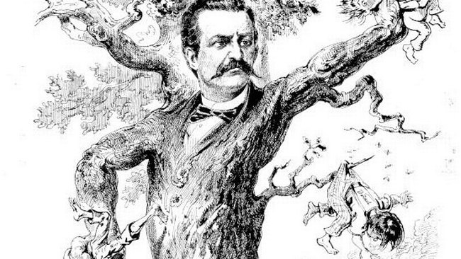 Zu sehen ist Josef Schöffels Oberkörper als Mensch und die untere Hälfte als Baum. Mit seinen wie Äste aussehenden Armen hält er Waldarbeiter hoch, denen Hacken und Messer hinunterfallen. © ANNO