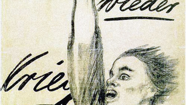 Eine Frau streckt den rechten Arm in die Höhe. Im Hintergrund die Aufschrift “Nie wieder Krieg”.  © Wikimedia