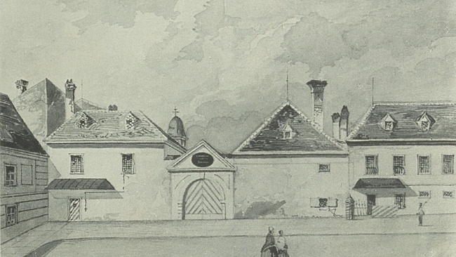 Zeichnung vom Zuchthaus Leopoldstadt. Vor dem Tor ist ein großer Platz, auf dem Menschen spazieren. © Wien Museum