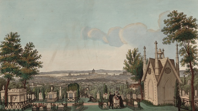 Zeichnung von einem Friedhof mit Einzelgräbern und Blick auf eine Stadt an einem Fluss. Rechts eine Kapelle mit vier Türmen, daneben Bäume.  © Paris Musées 