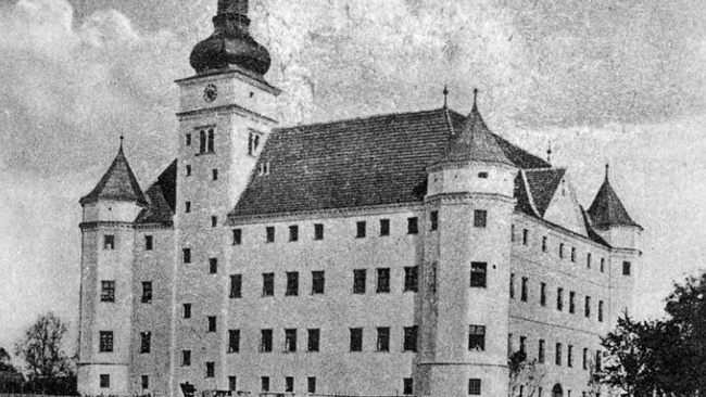Die Postkarte in schwarz-weiß zeigt ein Schloss mit hellen Außenmauern und Reihen kleiner dunkler Fenster. An den Ecken befinden sich kleine Türmchen. Auf einer Seite hat das Schloss einen großen Turm mit Uhr. Vor dem Schloss steht ein Mann mit einem Hund auf einem Feld. © Wikimedia, Schloss Hartheim, 1924