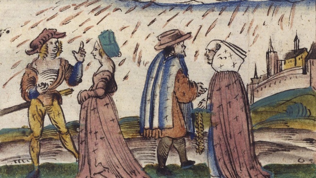 Einfache Zeichnung: Zwei Männer und zwei Frauen stehen auf einer Wiese. Es regnet. Die Männer tragen Hüte, die Frauen andere Kopfbedeckungen. Im Hintergrund ist eine ummauerte Stadt zu sehen.  © Bildarchiv Austria, Über Wunderzeichen, Zwei Paare im Freien im Regen, 1500 bis 1599