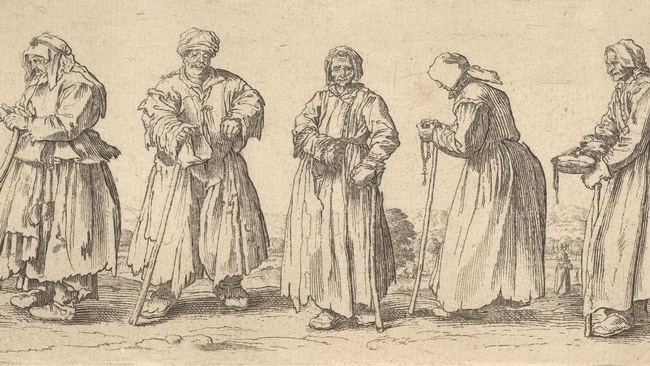 Zeichnung von alten Bettlern und Bettlerinnen, die nebeneinander in zerlumpter Kleidung stehen. Alle tragen eine Kopfbedeckung und haben einen Gehstock, eine Frau betet den Rosenkranz. © Wikimedia 