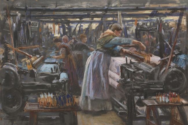 Eine Malerei aus dem Jahr 1886 zeigt Frauen, die in einer Fabrik an Webstühlen stehen.  © Wikimedia. 