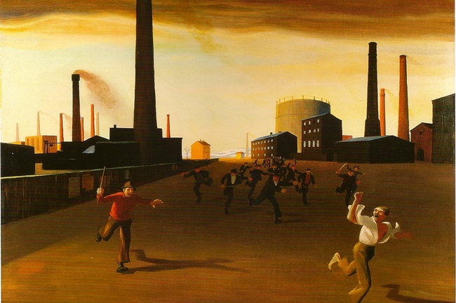 Gemälde, auf dem ein Arbeiter in einem Industrieviertel vor einem wütenden Mob davonläuft. © Wikimedia / Herbert von Reyl-Hanisch 