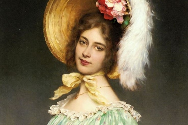  Das Gemälde zeigt eine junge Frau mit großem, gelbgoldenem Hut, der unter dem Kinn mit einer Schleife gebunden ist. Der Hut ist mit roten und rosafarbenen Blüten und voluminösen, weißen Federn geschmückt. Die Frau trägt ein hellgrünes Kleid.  © Wikimedia