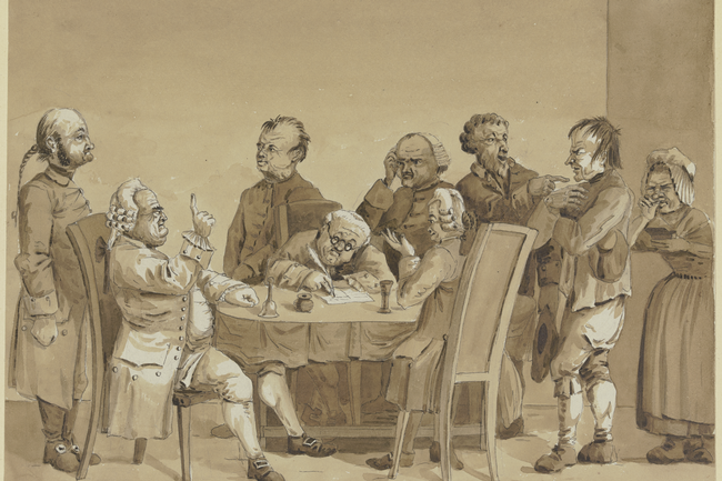 Gerichtsszene: Zwei Richter und ein Schreiber an einem Tisch, umgeben von sechs stehenden Personen, den Streitenden und einem Gerichtsdiener © Wikimedia