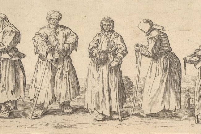 Zeichnung von alten Bettlern und Bettlerinnen, die nebeneinander in zerlumpter Kleidung stehen. Alle tragen eine Kopfbedeckung und haben einen Gehstock, eine Frau betet den Rosenkranz. © Wikimedia 