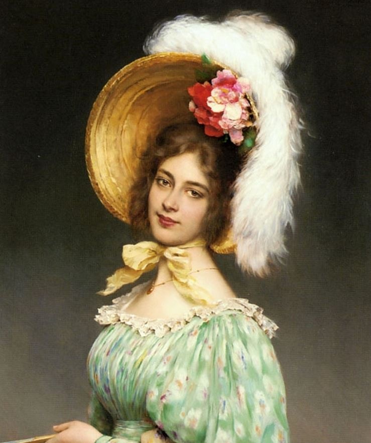  Das Gemälde zeigt eine junge Frau mit großem, gelbgoldenem Hut, der unter dem Kinn mit einer Schleife gebunden ist. Der Hut ist mit roten und rosafarbenen Blüten und voluminösen, weißen Federn geschmückt. Die Frau trägt ein hellgrünes Kleid.  © Wikimedia