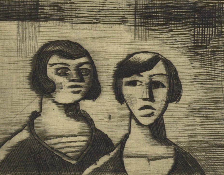 Die Radierung zeigt zwei Frauen mit kurzem Haarschnitt im Portrait. Die Frau rechts hat einen erschrockenen Gesichtsausdruck.  © Wien Museum, Karl Wiener, erschrockene Frau, um 1930.